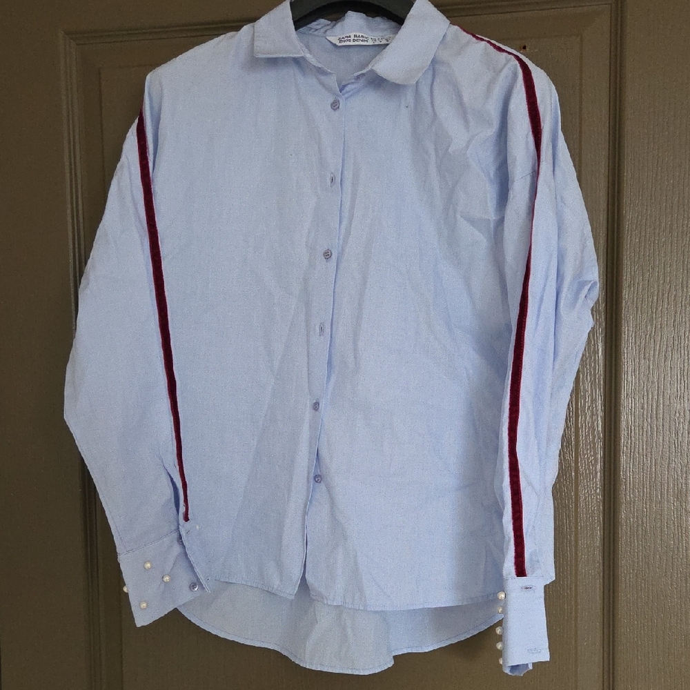 Zara Light Blue Shirt Red velvet And Pearls